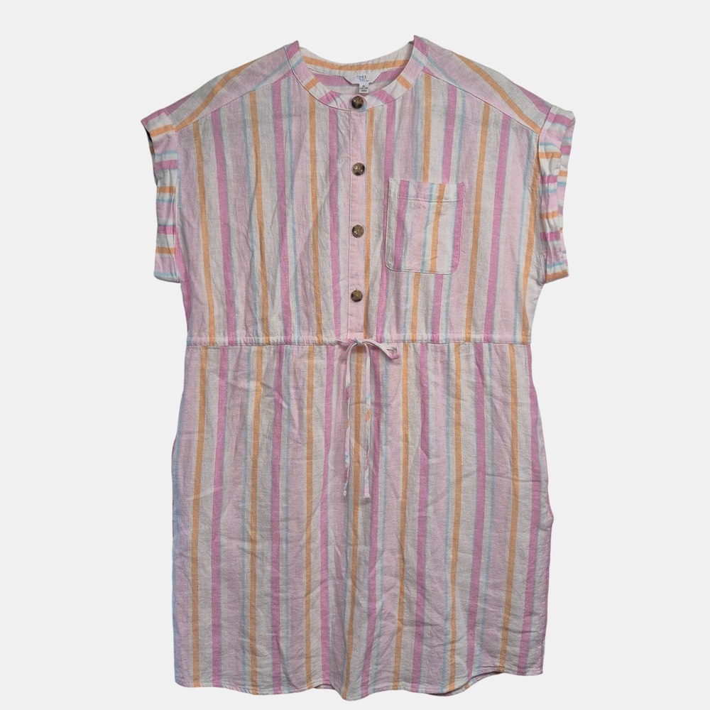 Time And Tru Womens XL Linen Blend Muted Stripe Button Top‎ Drawstring Waist